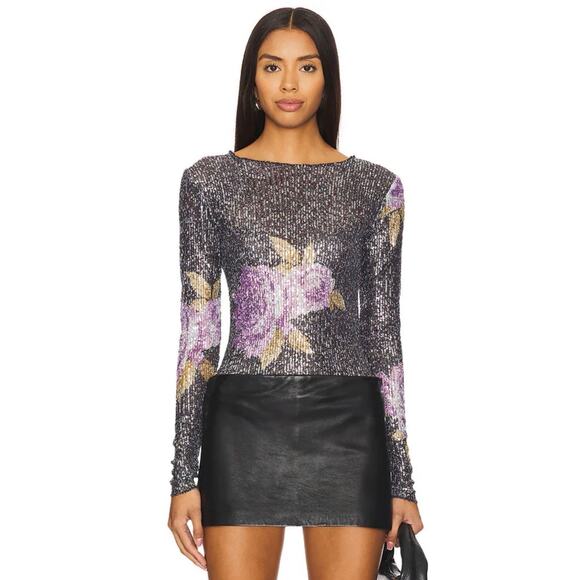 NWT Free People Intimately Gold Rush Black Combo Printed Sequin Long Sleeve - Picture 1 of 6